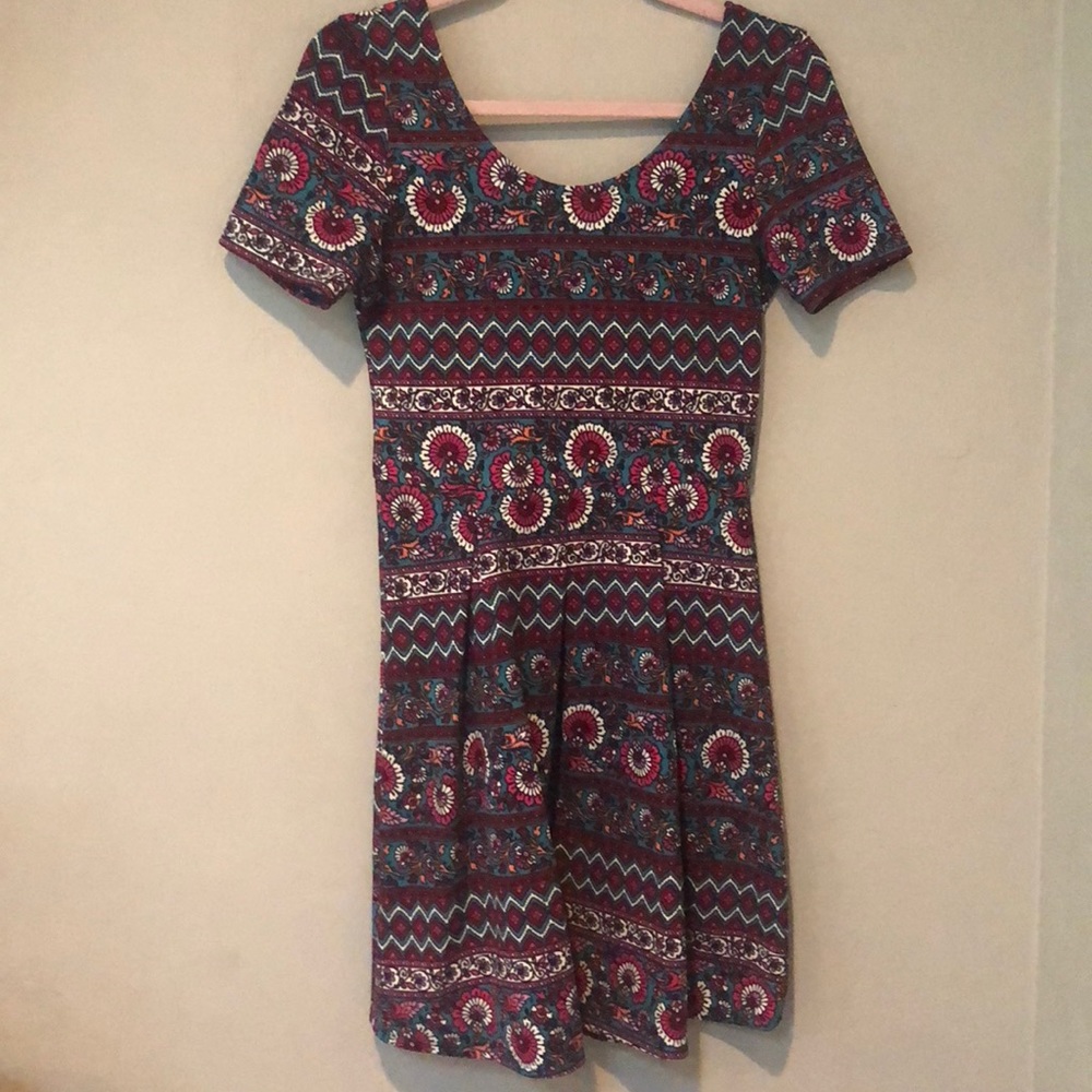 Jewel-toned pattern fit and flare dress
